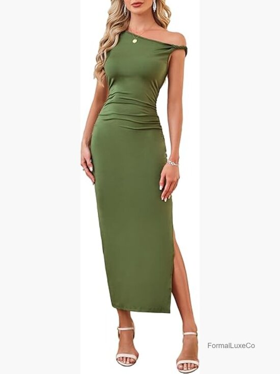 Dresses & Skirts - One Shoulder Sleeveless Ruched Maxi Dress Bodycon Slim Fitted